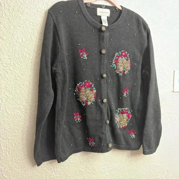 Vintage Lemon Grass Black Beaded Embroidered Holiday Cardigan Wreath - Size M - Picture 3 of 7